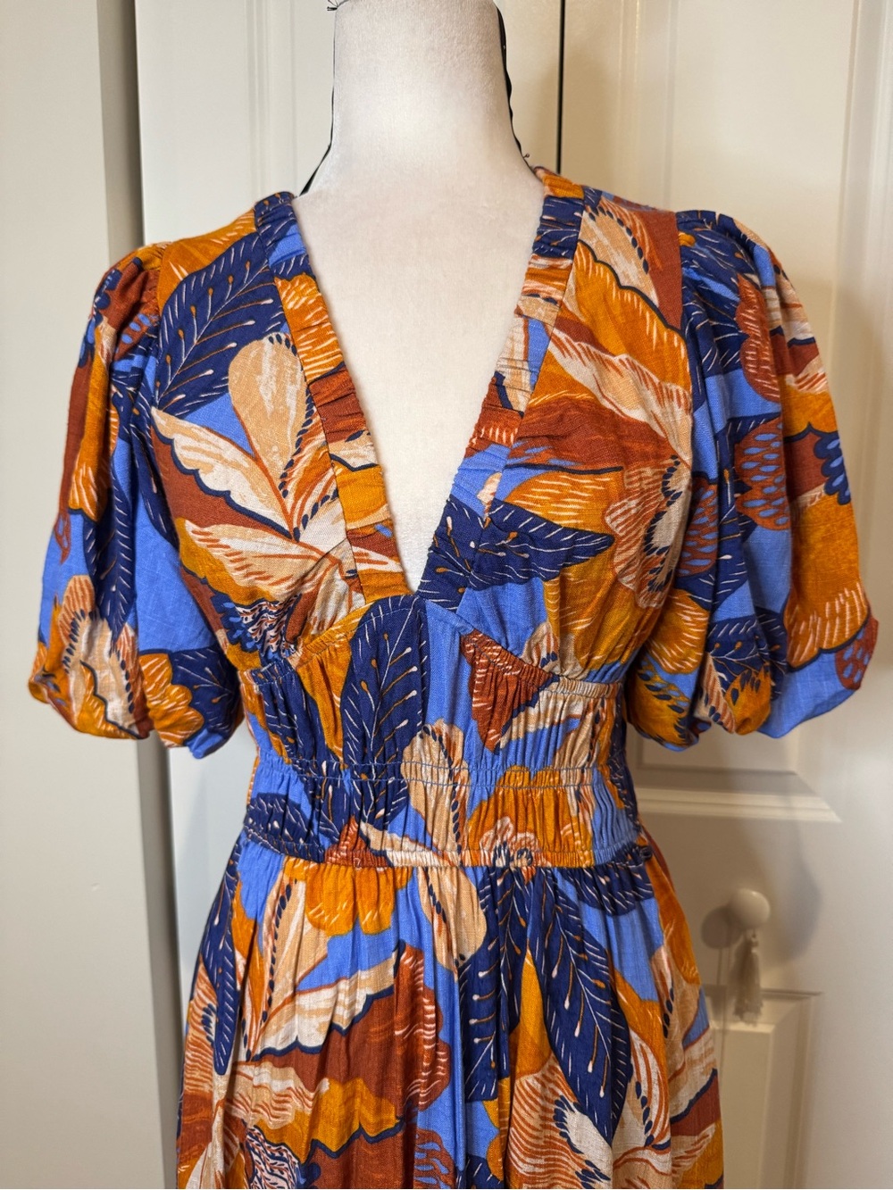 White Closet Elements Linen Blue and Rust Floral Maxi Dress with Puff Sleeves - Picture 2 of 7